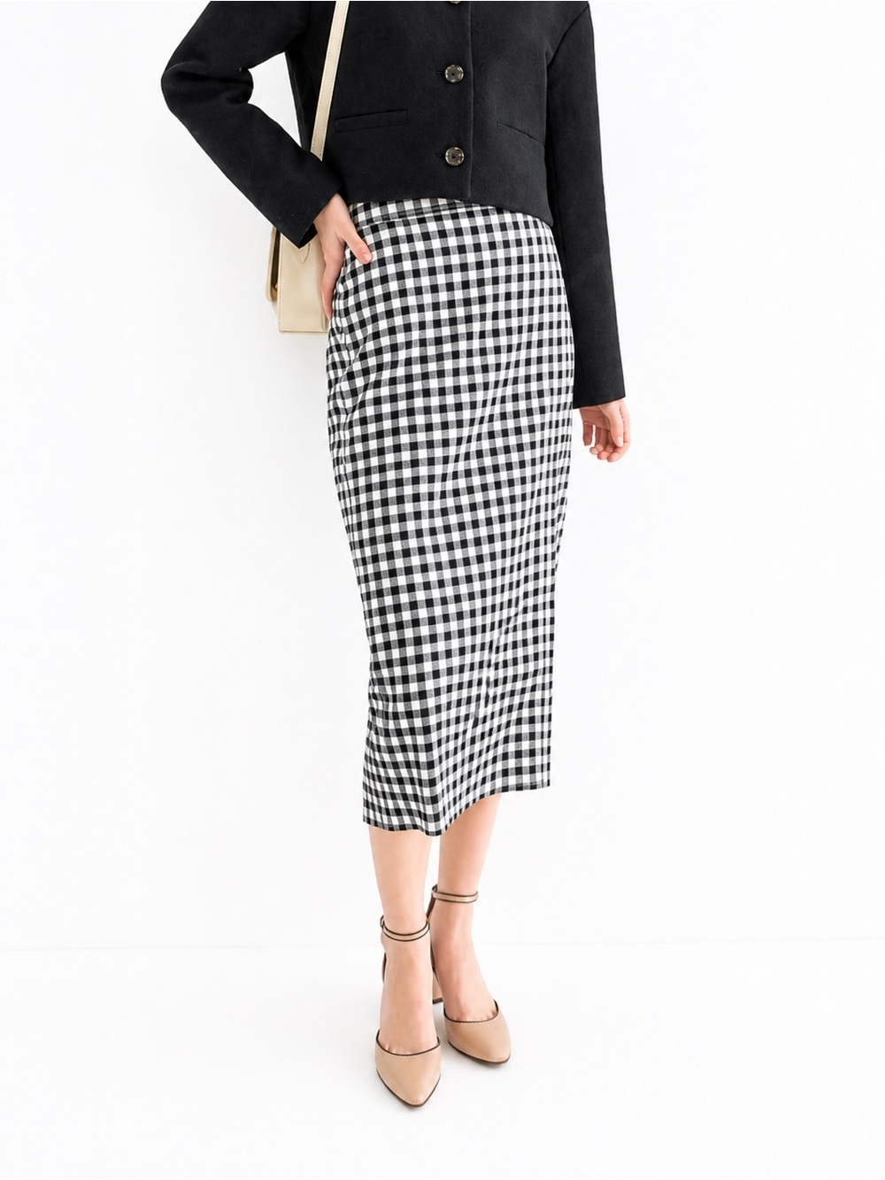 J Crew XXS Midi pencil skirt gingham 0544 stretch linen Black White NWT